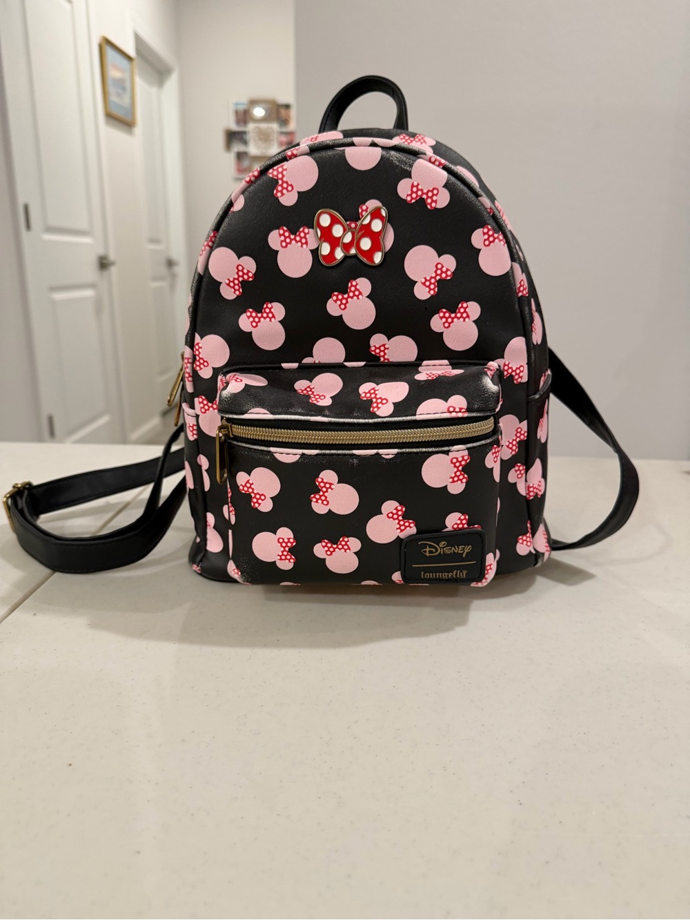 Loungefly Black and Pink Minnie Mouse Mini Backpack with Red Bow Pin
